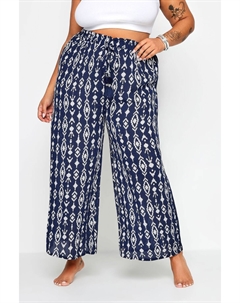 Брюки с жатым принтом икат и кисточками, синий Yours