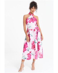 Платье плиссированной юбки с цветочным принтом и воротником-стойкой, розовый Quiz