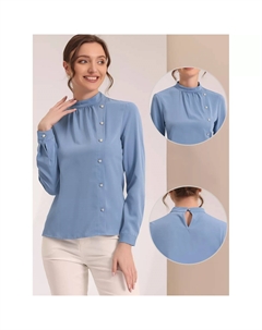 Офисные рубашки для женщин. Элегантная блузка с воротником-стойкой и длинными рукавами., серо-голубой Allegra k