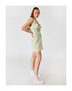 Мини-платье с цветочным принтом и сборками без рукавов и рюшами, зеленый Koton