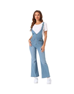Повседневные джинсовые комбинезоны для женщин, джинсовые брюки с V-образным вырезом на молнии и расклешенной нижней частью, цвет Light Blue Allegra k