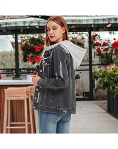 Женская джинсовая джинсовая куртка со съемной толстовкой и рваной джинсовой курткой, черный Anna-kaci