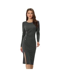 Женские платья-туники, повседневное трикотажное платье с рюшами и декором на боковых пуговицах, серый Allegra k