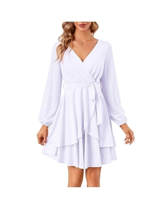 Женские платья-фигуристки, сексуальное мини-платье с v-образным вырезом и коротким рукавом с завязкой на талии, однотонное струящееся мини-платье в стиле бохо с рюшами, белый Kojooin