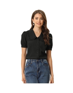 Женская рубашка с воротником Питера Пэна, пышная элегантная блузка с короткими рукавами, топ, черный Allegra k