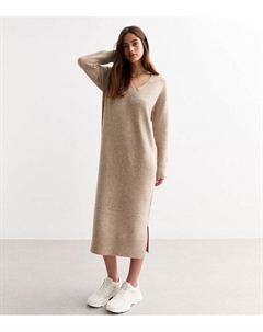 Вязаный джемпер миди с V-образным вырезом, светло-коричневый New look