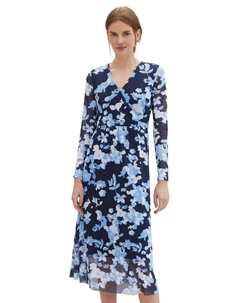 Платье миди с цветочным узором и V-образным вырезом, синий Tom tailor