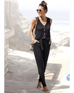 Комбинезон (с поясом) и планкой на пуговицах спереди, удобный комбинезон с карманами, черный Lascana