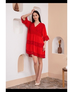 Кружевное мини-платье с рукавами 3/4 и V-образным вырезом оверсайз, красный Hoxton gal