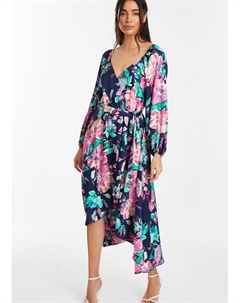 Атласное платье миди с глубоким вырезом и цветочным принтом, синий Quiz