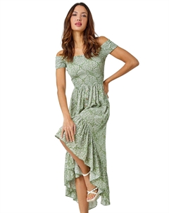 Платье с открытыми плечами и принтом листьев, зеленый Roman