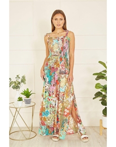 Разноцветное платье макси с разрезом на подоле в стиле пэчворк и завязывающимися бретелями, мультиколор Yumi