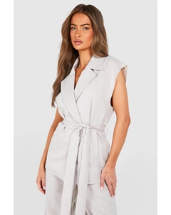 Льняной пиджак свободного кроя без рукавов с завязкой на талии, бежевый Boohoo