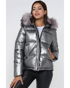 Пуховик металлик с искусственным мехом на капюшоне, серый Love sunshine