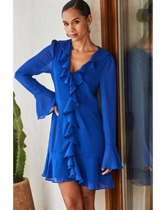 Мини-Платье с приталенным верхом и расклешенным низом с рюшами спереди, синий Sosandar