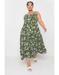 Ярусное платье макси с жатым принтом в виде листьев, зеленый Yours