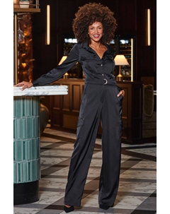 Атласный комбинезон с широкими штанинами в практичном стиле, черный Sosandar