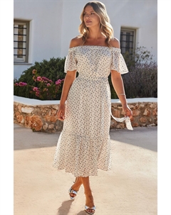 Ярусное платье макси с точечным принтом и открытыми плечами, белый Sosandar