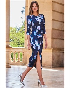 Атласное платье миди с цветочным принтом и рюшами по бокам, синий Sosandar