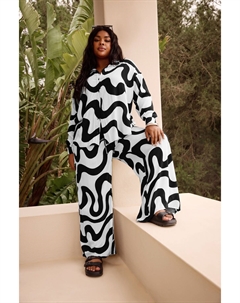 Мятые брюки с кулиской и абстрактным принтом, белый Yours