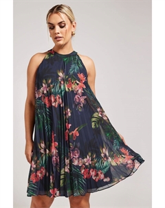 Платье с воротником-стойкой и тропическим принтом, синий Yours