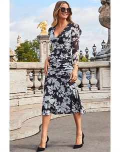 Платье миди из принтованной сетки с рюшами, черный Sosandar