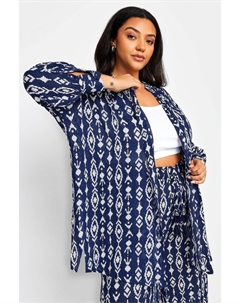 Темно- жатая пляжная рубашка с принтом икат, синий Yours