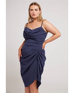 Платье со сборками на воротнике-хомуте, синий Yours