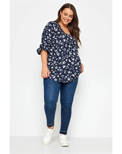 Расклешенная блузка с рукавами украшенными рюшами, синий Yours