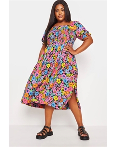 Платье миди со сборками и цветочным принтом, черный Yours