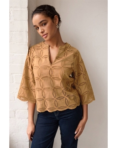 Топ с рукавами 3/4 цветочной английской вышивкой и вырезом в горловине, коричневый Next