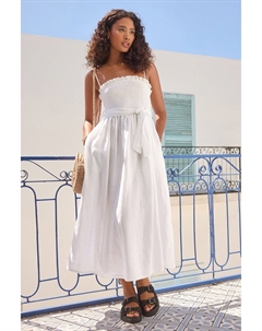 Летнее платье миди премиум-класса с присборками из 100% льна, белый Next