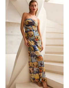 Сетчатое платье макси со сборками и вырезом-бандо, синий Next