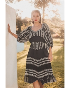 Фактурное платье миди с объемными рукавами и принтом, черный Next