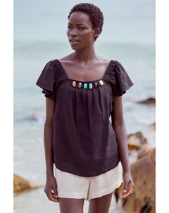 Льняной топ из бисера с расклешенными рукавами, черный Next