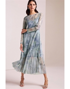 Плиссированное платье миди с длинными рукавами и принтом из фольги, синий Next