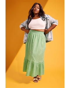 Ярусная юбка миди из чистого хлопка в клетку Gingham, зеленый Yours