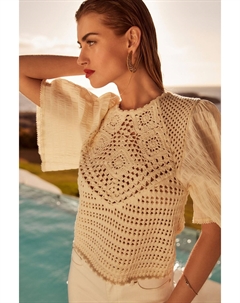 Топ с короткими рукавами из ткани связанной крючком, бежевый Next