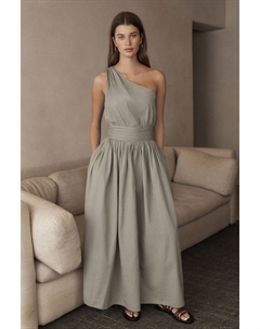 Премиум-Платье миди на одно плечо из льна, зеленый Next