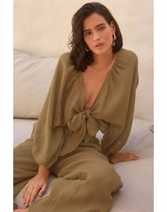 Премиальная блузка из 100% льна на завязках, зеленый Next