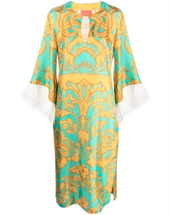 Шелковый кафтан с цветочным принтом и перьями, оранжевый La doublej