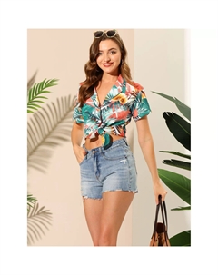 Женская гавайская пляжная рубашка на пуговицах с цветочным принтом и листьями, светло-синий Allegra k