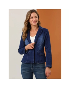 Женская потертая джинсовая куртка на пуговицах с длинными рукавами и зубчатыми лацканами, светло-синий Allegra k