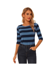 Женские повседневные футболки с рукавами до локтя, облегающие топы с вырезом лодочкой, цвет Blue Dark Blue Allegra k