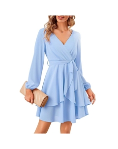 Женские платья-фигуристки, сексуальное мини-платье с v-образным вырезом и короткими рукавами и завязкой на талии, однотонное струящееся мини-платье в стиле бохо с рюшами, синий Kojooin