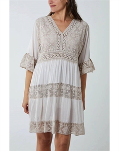 Кружевное мини-платье с рукавами 3/4 и V-образным вырезом оверсайз, бежевый Hoxton gal