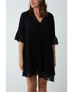 Кружевное мини-платье с рукавами 3/4 и V-образным вырезом оверсайз, черный Hoxton gal
