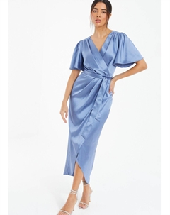 Атласное платье миди со сборками и запахом, синий Quiz