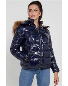 Блестящая куртка-пуховик с эластичным поясом и искусственным мехом на капюшоне, темно-синий Love sunshine