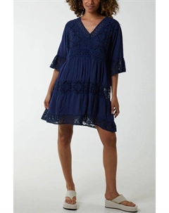 Кружевное мини-платье с рукавами 3/4 и V-образным вырезом оверсайз, темно-синий Hoxton gal